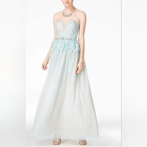 B. Darlin Juniors Strapless Lace Gown W/Rhinestones Aqua Blue/Nude NWT Size 1/2
